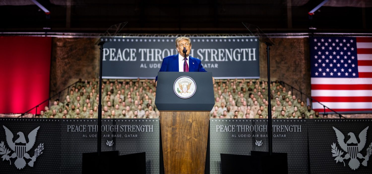 President Donald Trump delivers delivers remarks to troops at Al Udeid Air Base, Thursday, May 15, 2025, in Doha, Qatar. (Official White House Photo by Daniel Torok)